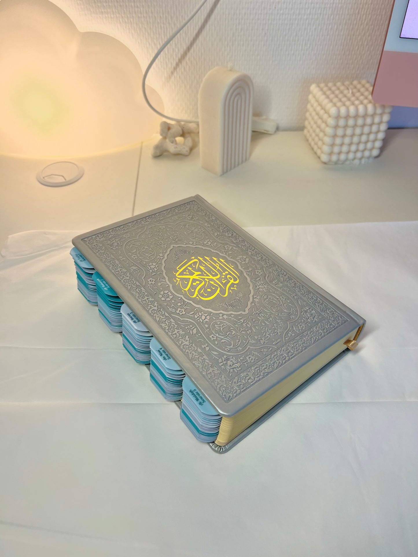 Coran avec onglet - coran argent QR code onglets azur plastifiés