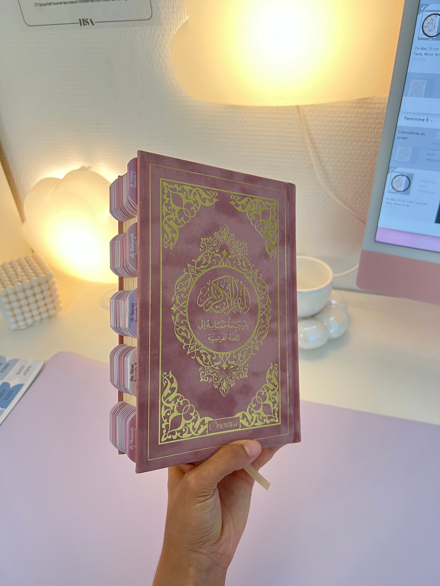 Coran arabe français - Couverture en daim Rose poudré
