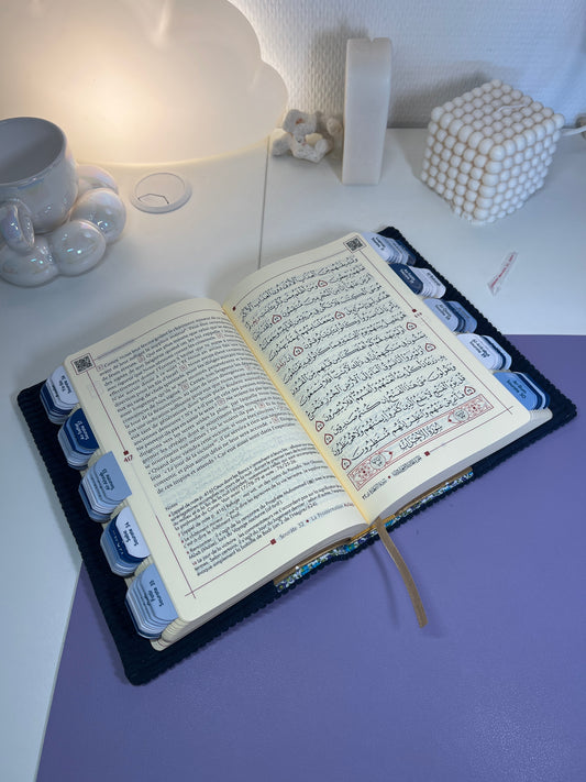 Coran QR code couverture souple avec onglets plastifiés + Protège coran bleu nuit