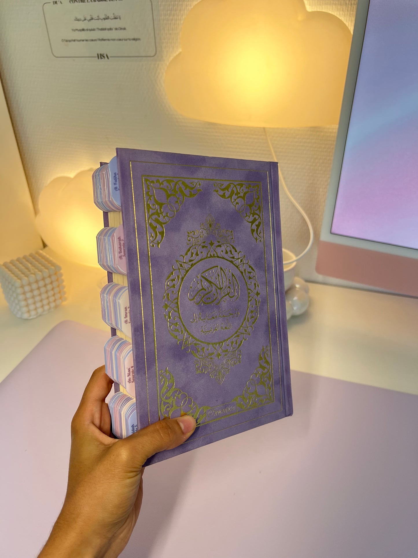 Coran arabe français - Couverture en daim mauve