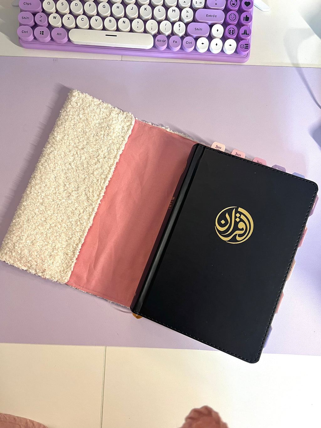 Protège coran élastique- Blanc et rose